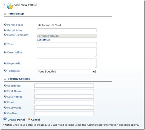 DotNetNuke: Add New Portal (Site)
