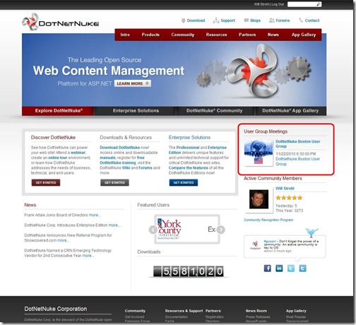DotNetNuke Website with User Group Event Rotator Highlighted