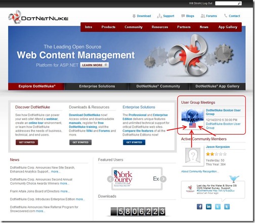 DotNetNuke homepage, showing the User Group listing with Flag