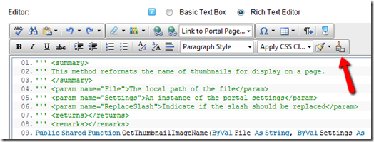 HTML Text Editor Code Block Button