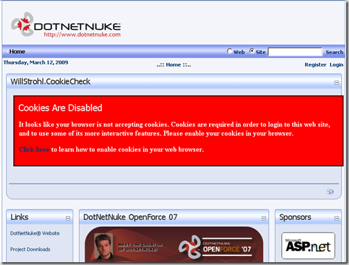 WillStrohl.CookieCheck Module: Cookies Disabled View