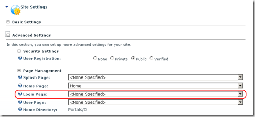 Admin Menu > Site Settings > Advanced Settings > Page Management > Login Page