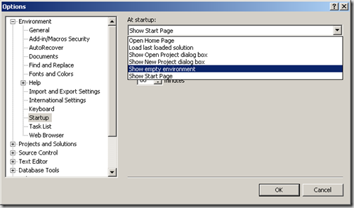 Options Dialog: Environment > Startup