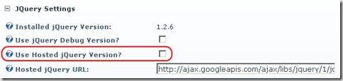 Host > Host Settings > jQuery Settings > Use Hosted jQuery Version