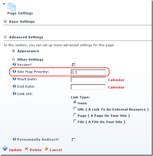 Page Settings - Site Map Priority