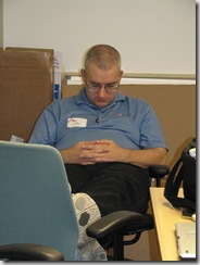 Joe Brinkman sleeping in the speaker room