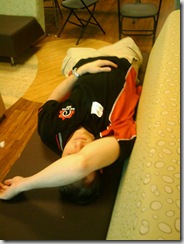 Fabio Honigmann sleeping at the XBox gamer area