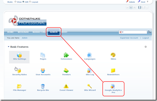 DNN PE: Admin Menu > Google Analytics Pro