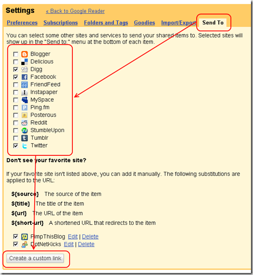 Google Reader: Sent To Settings
