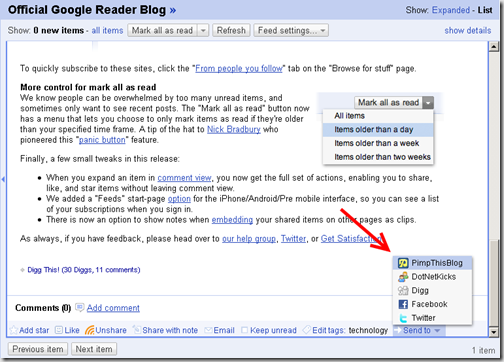 Google Reader "Send To" Feature