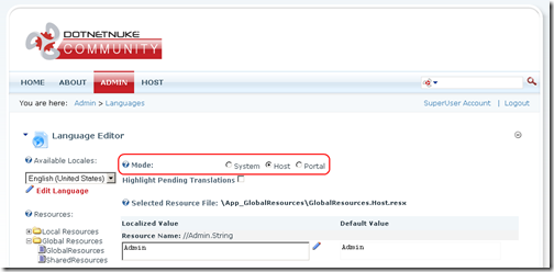 Languages Editor: Host Mode