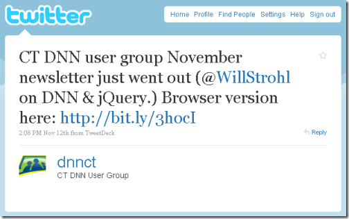 Connecticut DotNetNuke Newsletter Tweet