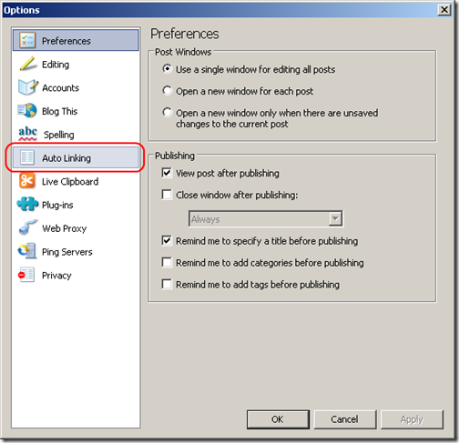 Windows Live Writer: Options > Auto Linking