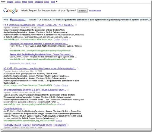 Search Results: Telerik Error Message on Google