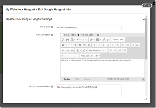 Edit the DNN Hangout Module settings
