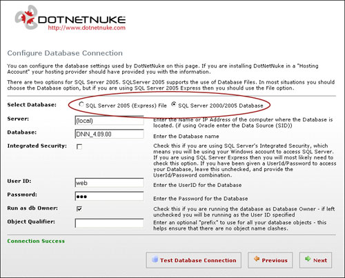 DNN Install Wizard - SQL Server Step