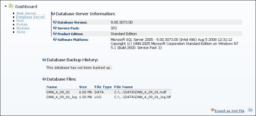 DNN Dashboard - Database Server Information
