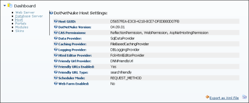 DNN Dashboard - DotNetNuke Host Settings