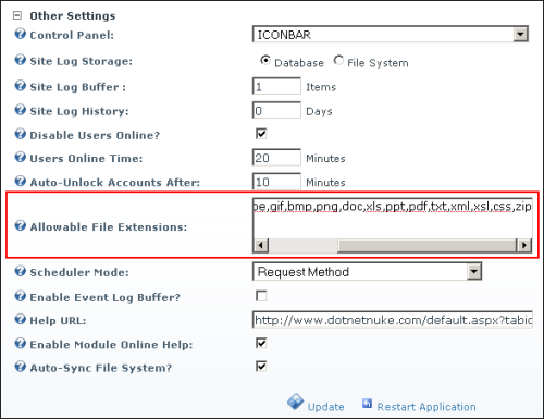 Host Settings > Advanced Settings > Other Settings > Allowable File Extensions