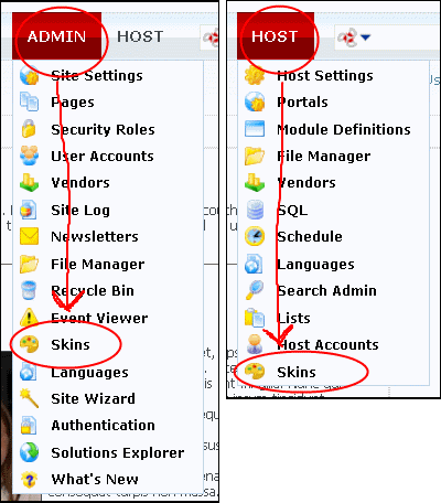 Skin Menu Items (Admin, Host)